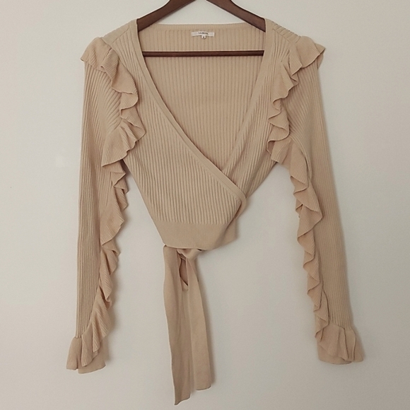 Revolve Tularosa Ruffled Sleeve Wrap Sweater Beige Size Medium - Picture 4 of 7